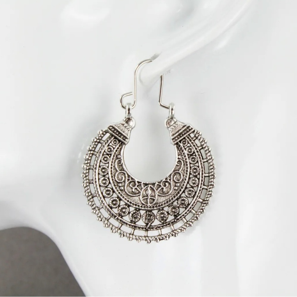 New Wildflower Wander Mandala Antique Sterling Silver Hollow Out Hoop Earrings - Picture 15 of 16